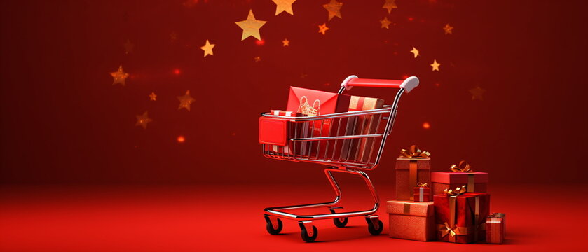 A shopping cart full of christmas presents and gift boxes with snowfall. Christmas and New Year Festive promotion sale minimal concept supermarket trolley. Generative ai