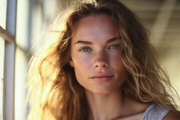 Obraz premium Portrait of a beautiful young woman with the sun on her face