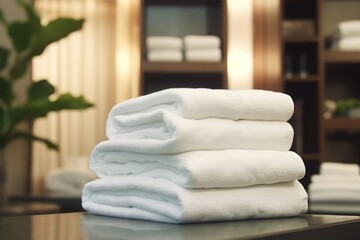Obraz na płótnie Canvas A white terry towel is lying in the hotel
