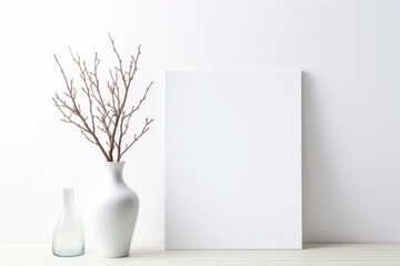 A white frame stands on a table with a vase and branches