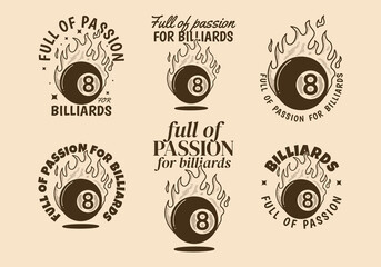 Full of passion for billiards. Vintage illustration of eight ball with fire flame