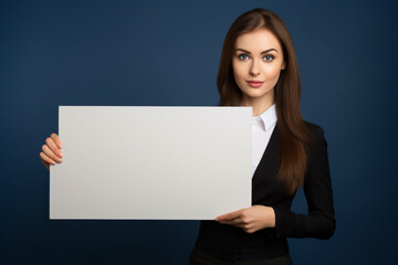 Naklejka premium Professional business woman holding a blank empty white color board in her hand on dark background, Young lady Holding Blank Placard, Happy positive blonde business woman holding a blank billboard