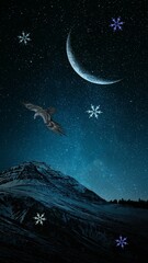 Creative winter illustration with night landscape with bird, mountain, moon and snowflakes.