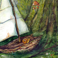 A small dilapidated shipwrecked sailboat with little snail got lost in a forest in a glade among trees, plants, and flowers. Hand drawn watercolor illustration art - 666907753