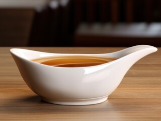 A boat-shaped gravy boat filled with a rich, savory sauce or syrup.