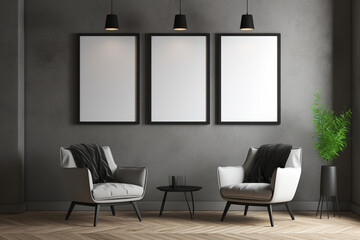 Interior scene with a 50cm x 70 cm blank frames, aesthetic look