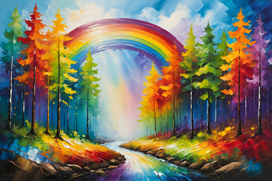 Colorful Painting of a Forest with Rainbow Background Nature's Vibrant Beauty