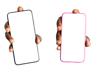 Black hands showing phone with transparent blank screen to camera isolated on transparent background . pointing phone screen to camera. phone screen mockup. - obrazy, fototapety, plakaty