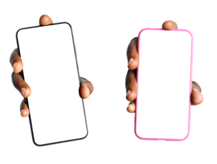 Black hands showing phone with transparent blank screen to camera isolated on transparent background . pointing phone screen to camera. phone screen mockup.