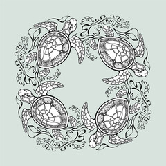 The circular ornament with turtles and seaweed. Vector linear design.