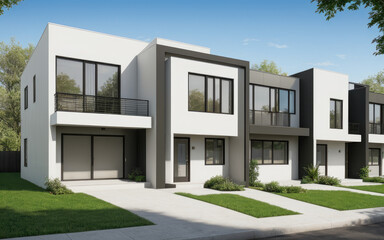 Modern apartments residential townhouses. Street with modern modular private townhouses. Appearance of residential architecture