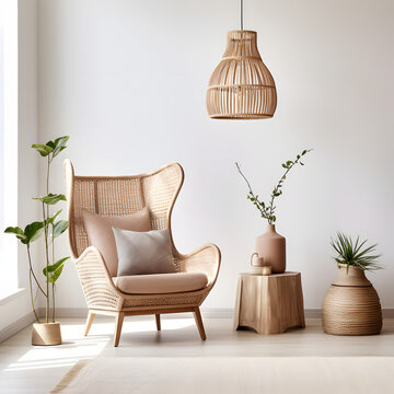 Wooden wingback chair and big wicker pendant light against window and beige stucco wall. Interior design of modern living room