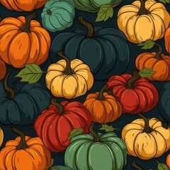 Pattern featuring colorful pumpkins, doodle