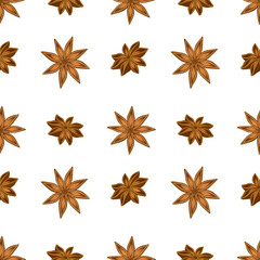 Seamless pattern with vector stars of anise on white background. Spicy seasoning for kitchen.