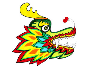 Chinese New Year dragon head in profile isolated on white background. Various bright colors, black outline. Yellow, green, red, orange, blue. Open mouth, traditional patterns. Festival image.