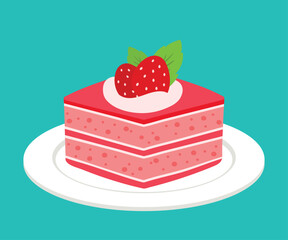 Strawberry Cake Cute Cartoon Sweet Dessert Bakery Pastry Vector Illustration