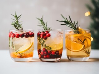 Fototapeta premium Thanksgiving cocktails. Cocktails in stylish glasses adorned with holiday-themed decorations. Rosemary, cranberry.