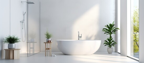 A modern bathroom with a see through glass wall enclosing a white bathtub and shower - obrazy, fototapety, plakaty