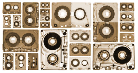 cassette tapes collage in knolling pattern, view from above