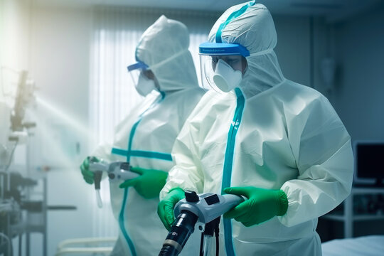 Cleaner in protective clothing perform disinfection and cleaning in the intensive care unit of the clinic