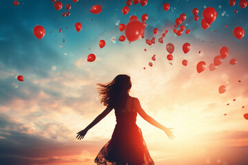 Inspiration, joy and happiness concept, silhouette of woman with many flying balloons