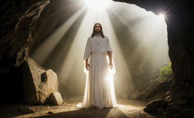 Jesus Christ standing at entrance to tomb. resurrection of Christ. light from heaven. Jesus is risen out of a dark stone cave into light. Easter