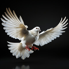 A majestic white bird with wings spread soars gracefully. White isolated