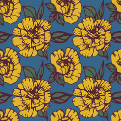 Yellow carnation flowers on a blue background. Seamless vector floral pattern.