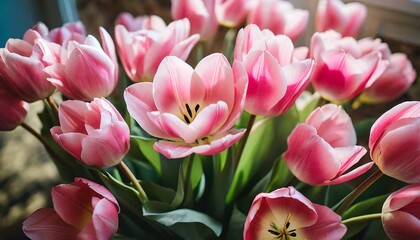 Obraz premium pink tulips in a garden, bouquet, pink, nature, 