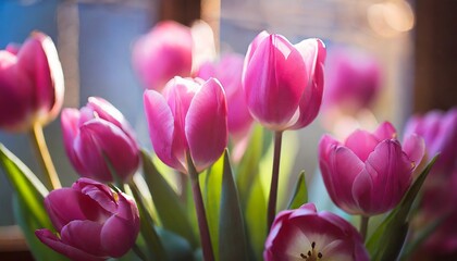 pink tulips in spring,  leaf, color, bunch, season