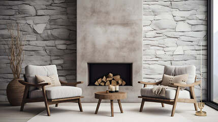 Two chairs and wooden bench against fireplace. Scandinavian style home interior design of modern living room