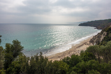 Beautiful scenery by the sea close to Pyrgadikia village, Chalkidiki, Greece, on a cloudy day