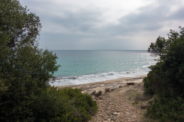 Beautiful scenery by the sea close to Pyrgadikia village, Chalkidiki, Greece, on a cloudy day