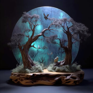 3D render of magical forest at night with trees and animals