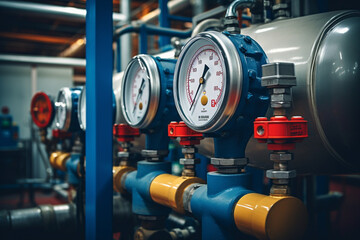Industrial concept, equipment of the boiler-house, - valves, tubes, pressure gauges, thermometer, Close up of manometer, pipe, flow meter, water pumps and valves of heating system in a boiler room - obrazy, fototapety, plakaty