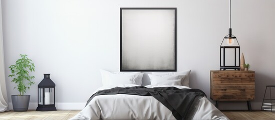 A monochromatic poster on the headboard of a plain bedroom accompanied by a lantern on a bedside table