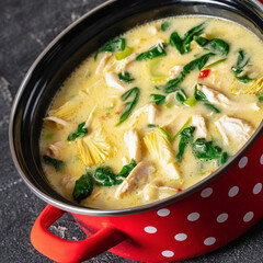 chicken spinach artichoke creamy soup in a pot