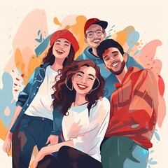 Fototapeta premium Stylish guys, girls. Teen men, women isolated cartoon outline characters on water color background
