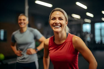 Foto op Plexiglas A happy coach is training sportswoman in a gym who is exercising © sam