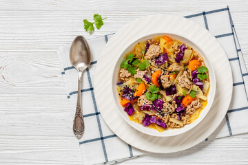 egg roll cabbage soup in bowl, top view