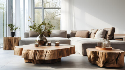 Two wooden live edge stump coffee tables near corner sofa in spacious apartment. Scandinavian minimalist home interior design of modern living room - obrazy, fototapety, plakaty