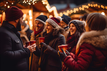 A group of people standing at a Christmas market and drinking mulled wine, Christmas party