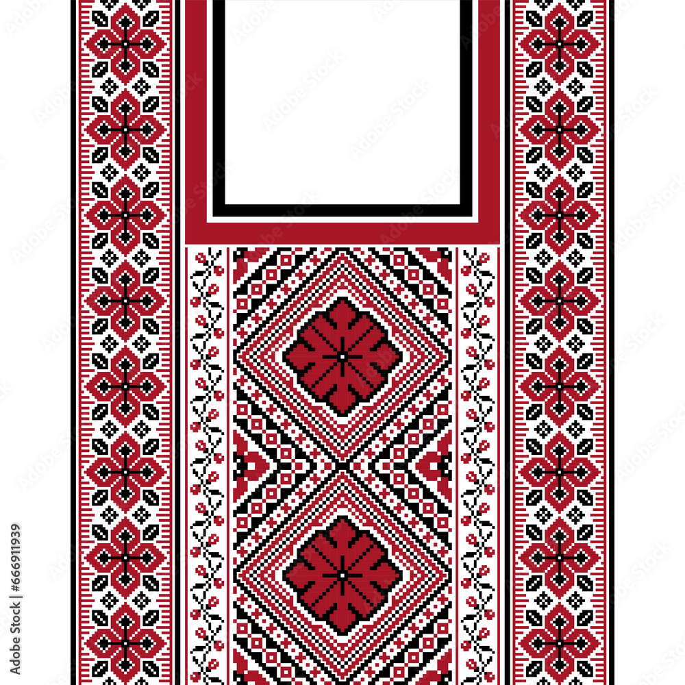 Wall mural floral embroidery neckline background. ikat and cross stitch geometric seamless pattern ethnic orien