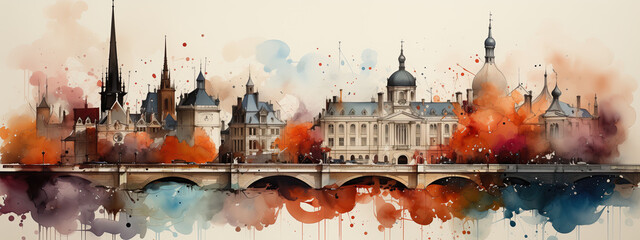 An enchanting watercolor panorama of a historic European city, with reflections shimmering in the serene waters below.
