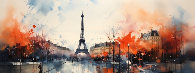 A mesmerizing watercolor depiction of Paris with the iconic Eiffel Tower standing tall amidst a fiery sunset backdrop.
