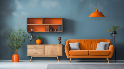 Vibrant orange sofa near blue wall with wooden cabinet and shelves. Scandinavian interior design of modern stylish living room