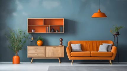 Fototapeten Vibrant orange sofa near blue wall with wooden cabinet and shelves. Scandinavian interior design of modern stylish living room © Samira