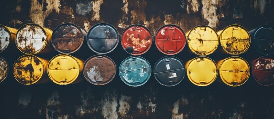 Bird s eye view of contaminated drums used by industries for storing and disposing harmful fossil fuel based substances - obrazy, fototapety, plakaty