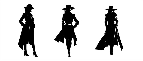 Set vector noir film lady silhouette. Criminal girl illustration. Retro woman portrait. Old school mafia concept. Template for clothes, t-shirt, cards, games design - obrazy, fototapety, plakaty