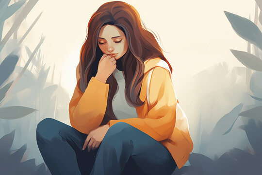Illustration of sad woman hug her knee and cry with copy space